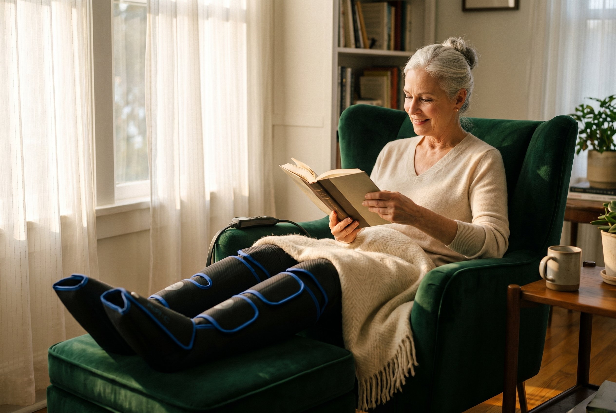 Overhead flat lay of the folded Air-C compression sleeves on a wood floor, surrounded by an open book, a steaming mug, leather slippers, and small potted plants.
