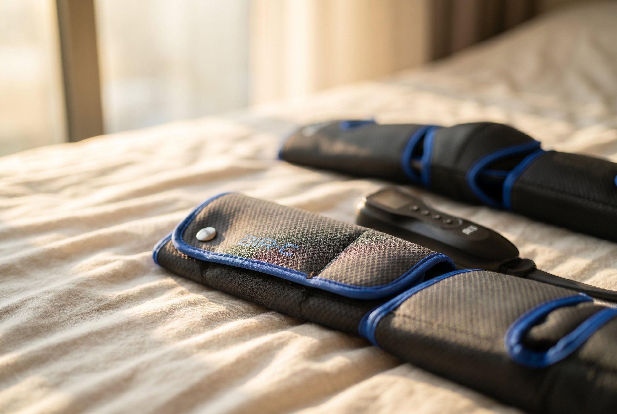 The Air-C compression leg massager and handheld controller arranged on a bed in soft golden-hour light.