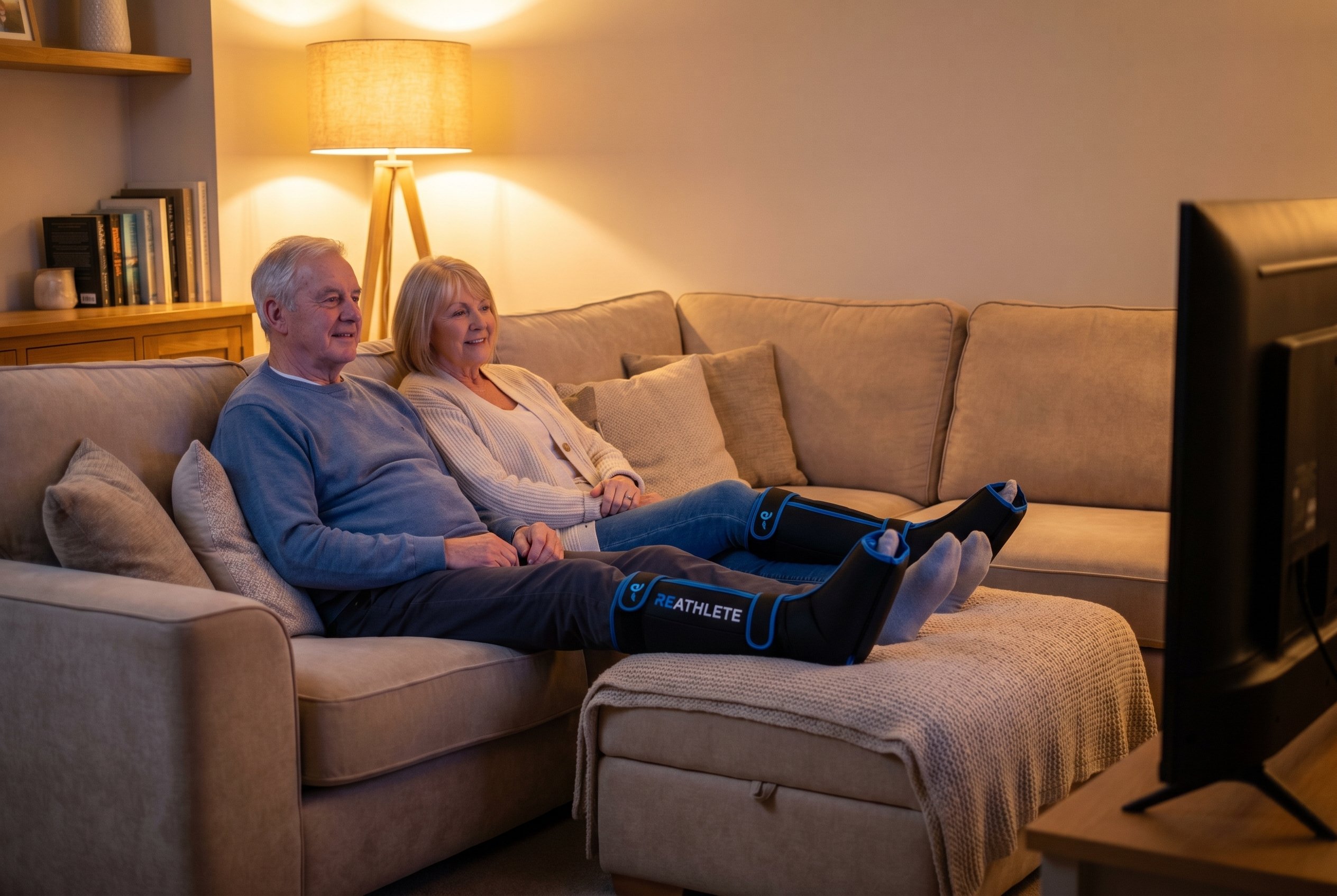 An older couple relaxes together on a sofa in a softly lit living room. The man wears the Air-C compression leg massager.
